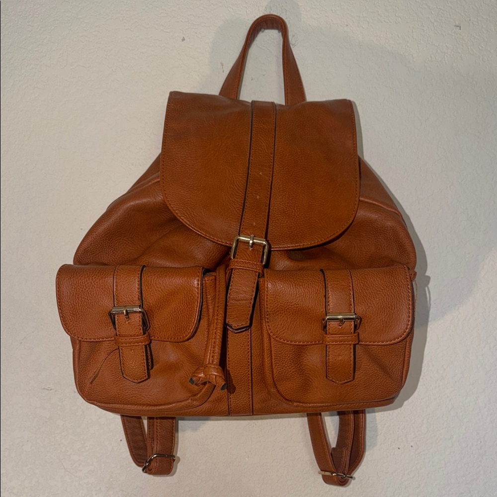 JustFab Tan Brown Faux Leather Backpack with Front Buckle Pockets